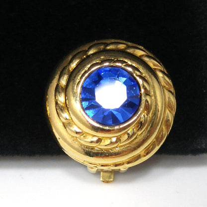 Swarovski Blue Crystal Clip Earrings, Gold Plated Round, 1990s Vintage