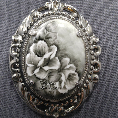 Hand Painted Monochrome Flower Pendant Necklace, Signed & Dated, 1970s Vintage Jewelry