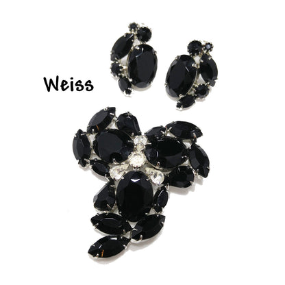 Vintage Weiss Black & Clear Rhinestone Brooch and Earrings Set, Rhodium Plated