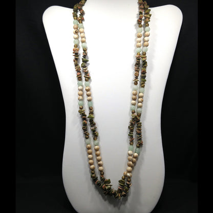 Gemstone Two Strand Beaded Necklace, Jade, Rhyolite and Quartz, 1980s Vintage Jewelry