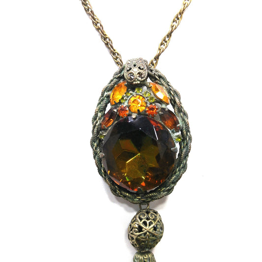 Victorian Purple Topaz Glass Pendant Necklace, Golden Brass, 1920s Vintage Jewelry
