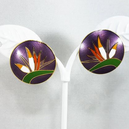Vintage Laurel Burch Bird of Paradise Post Earrings Gold Cloisonne Enamel