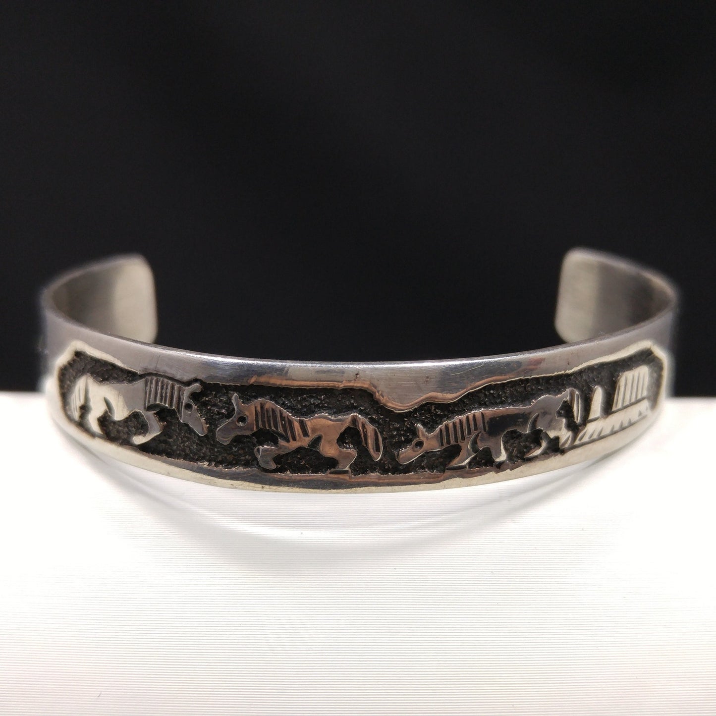 TSK Navajo Sterling Storyteller Child’s Cuff Bracelet – Horses & Daily Life