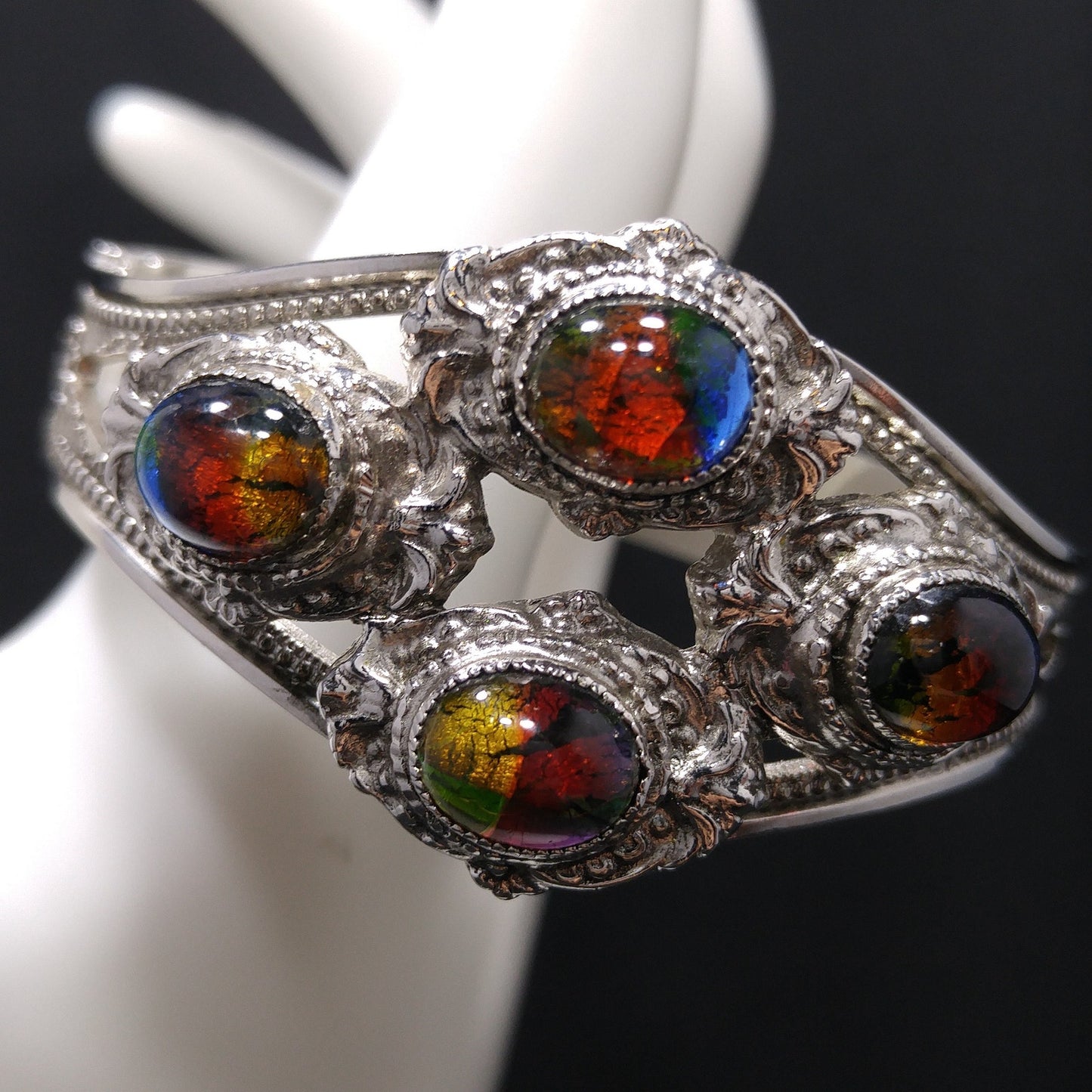 Whiting & Davis Cuff Bracelet, Gold Foil Rainbow Cabochons, Rhodium Plated, 1970s Vintage Jewelry