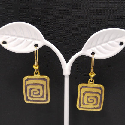 Vintage Laurel Burch "Rhythm" Earrings, Gold Plated, Brown Enamel