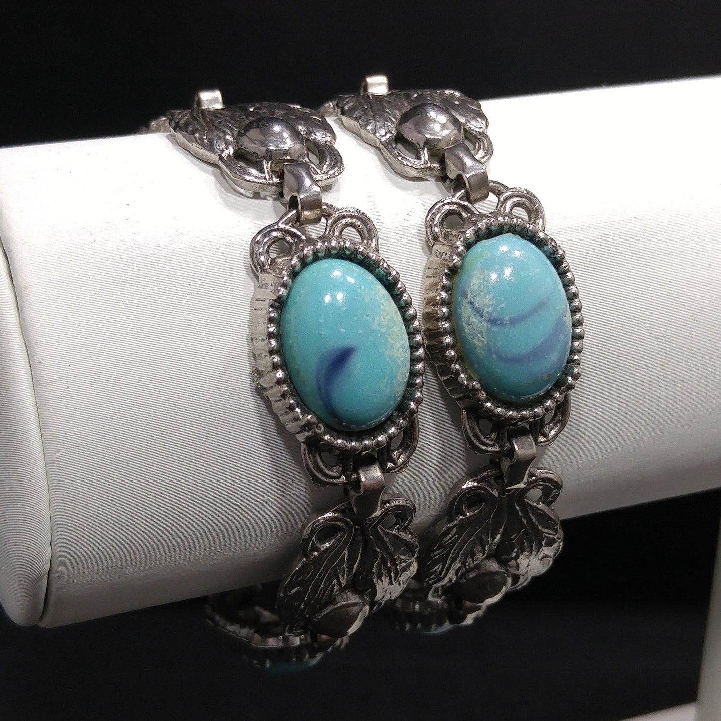 Lucite Faux Turquoise Double Strand Bracelet, Silver Leaves, 1950s Vintage Jewelry