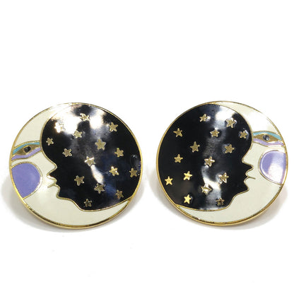 Laurel Burch "Moonface" Large Post Earrings, Cloisonné Gold Plate, Enamel Black White Purple, 1980s Vintage Jewelry