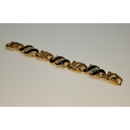 Vintage Crown Trifari Gold Plated Black Enamel Bracelet, Clear Rhinestones, 1960