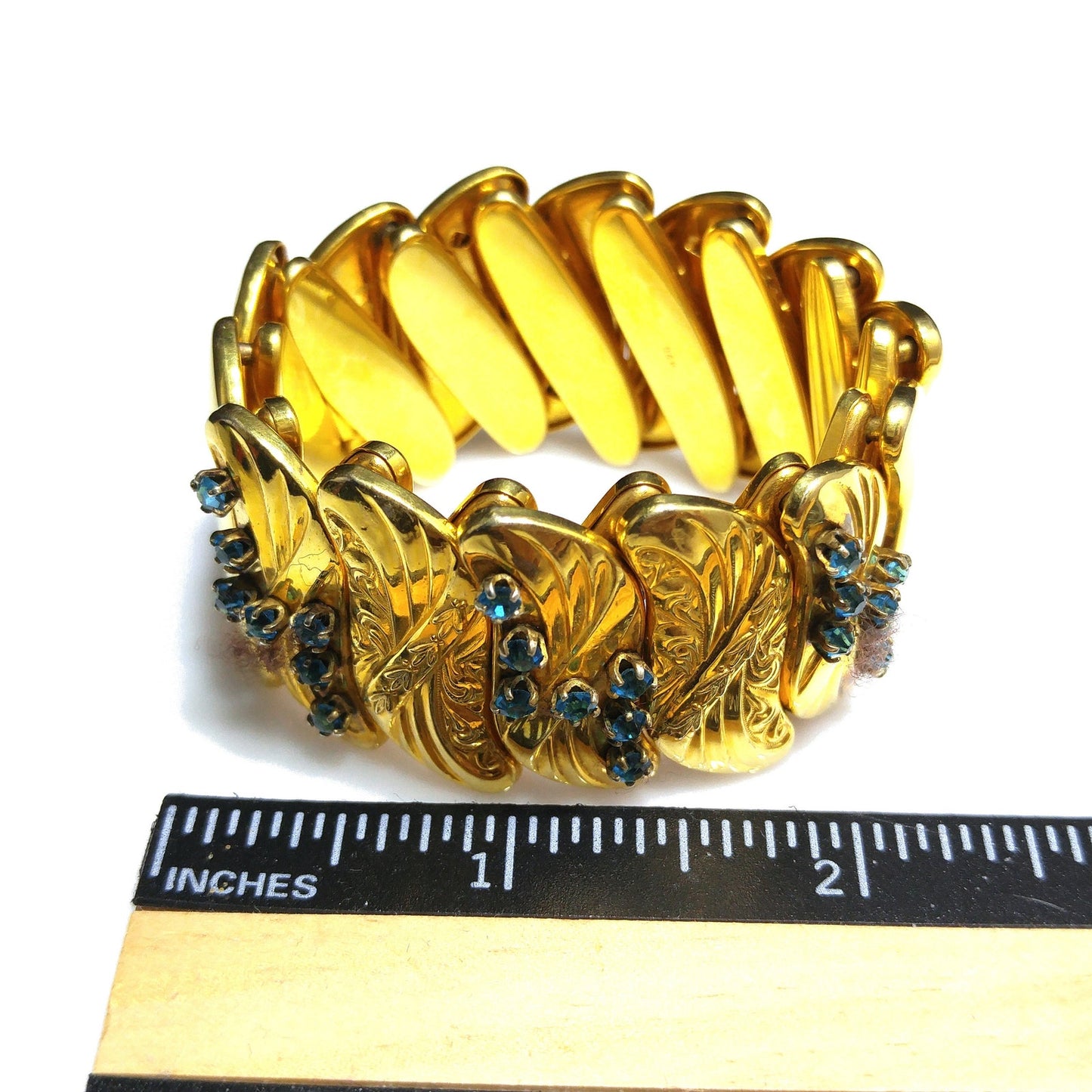 Bugbee & Niles Expansion Bracelet, Turquoise Rhinestones, 1940s Vintage Jewelry