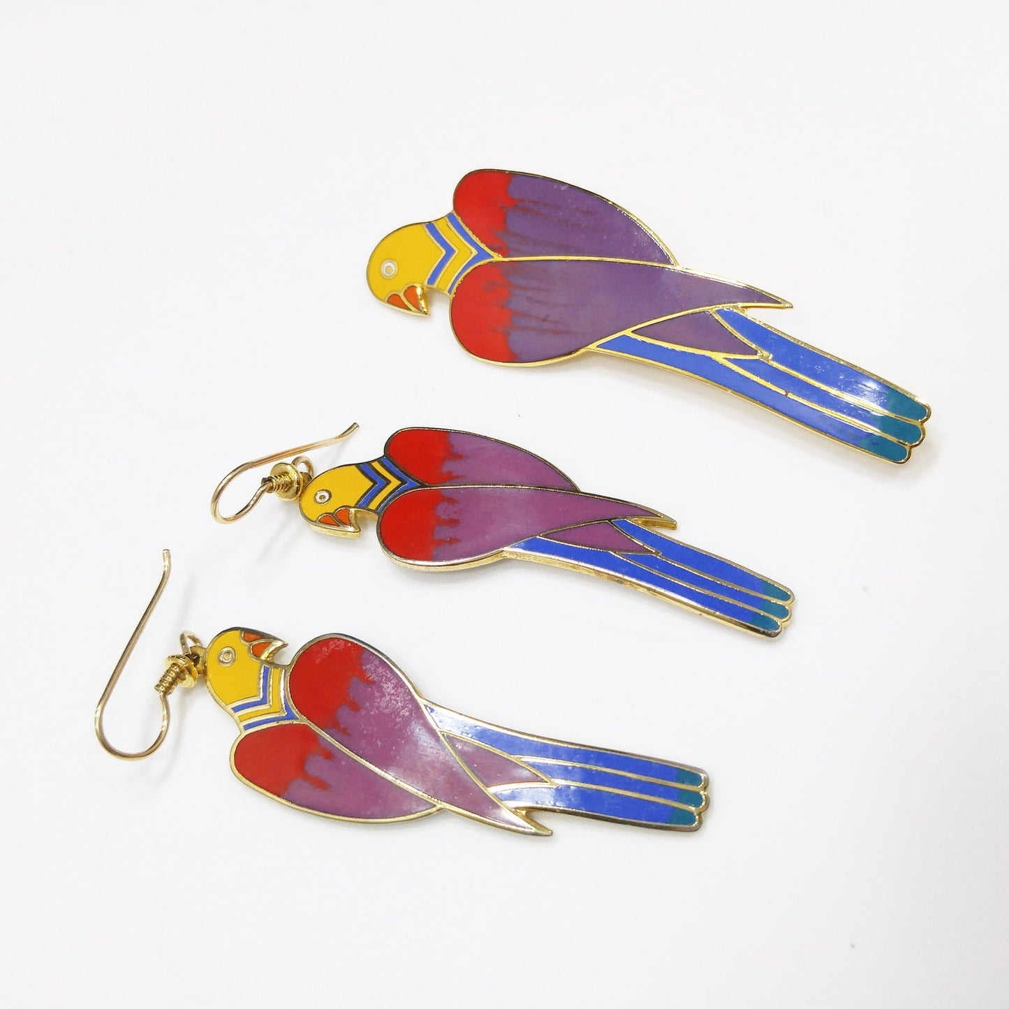 Laurel Burch Cezanne Parrot Earrings & Brooch Set, 22 KG Plated Cloisonne Enamel, 1980s