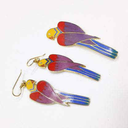 Laurel Burch Cezanne Parrot Earrings & Brooch Set, 22 KG Plated Cloisonne Enamel, 1980s