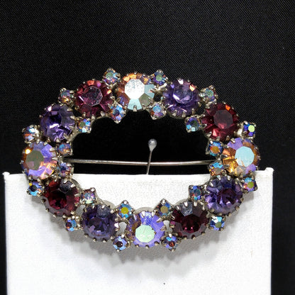 Oval Purple Aurora Borealis Lavender Rhinestone Brooch, Dog-toothed Prong Set, 1960s Vintage Jewelry