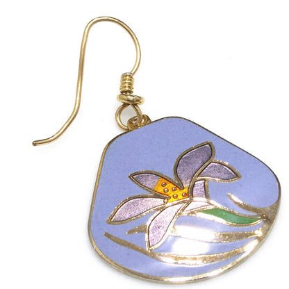 Vintage Laurel Burch Purple Lily Earrings, Cloisonne Enamel, Gold Plated