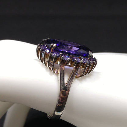 Vintage Sterling Silver Purple CZ Oval Cocktail Ring Size 9 1990s Statement