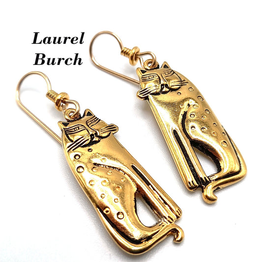 Vintage Laurel Burch Siamese Cat Earrings, Gold Plated