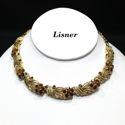 Lisner Topaz Rhinestone Floral Choker Necklace, Gold Plated, 1950s Vintage Jewelry
