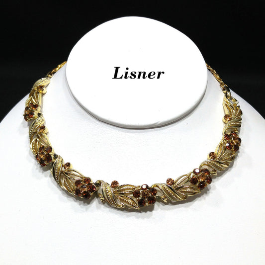 Lisner Topaz Rhinestone Floral Choker Necklace, Gold Plated, 1950s Vintage Jewelry