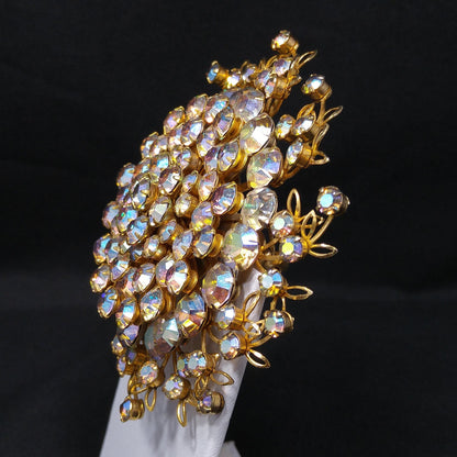 Large Clear Aurora Borealis Brooch, Gold Plated, 1950s Vintage Jewelry