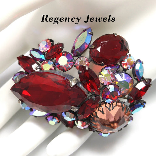 Regency Jewels Red Brooch, Aurora Borealis, 1950s Vintage Jewelry