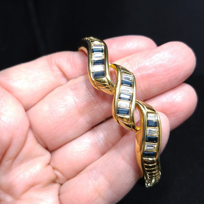 Swarovski Blue Rhinestone Hinged Bracelet, Gold Plated, 1970s Vintage Jewelry