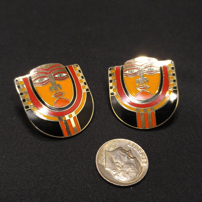 Laurel Burch "Maori" Tribal Face Mask Post Earrings, Cloisonne Enamel, 1980s