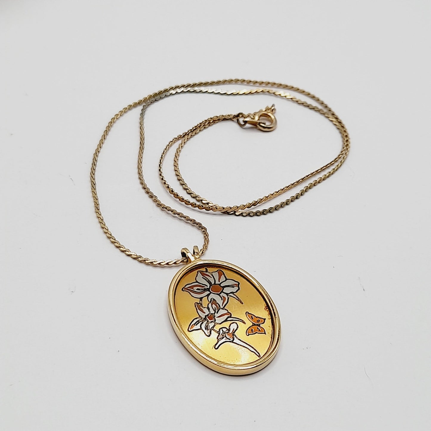 Vintage Reed & Barton Damascene July Larkspur Pendant Necklace Floral Birth Flower