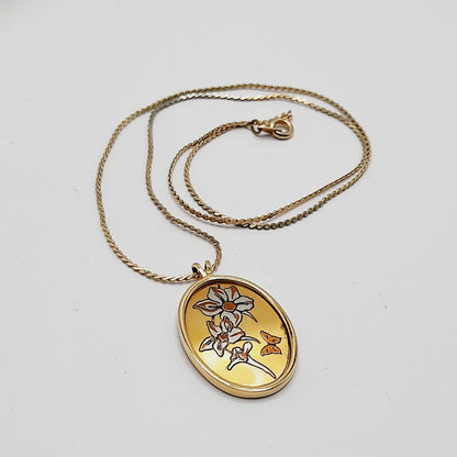 Vintage Reed & Barton Damascene July Larkspur Pendant Necklace Floral Birth Flower