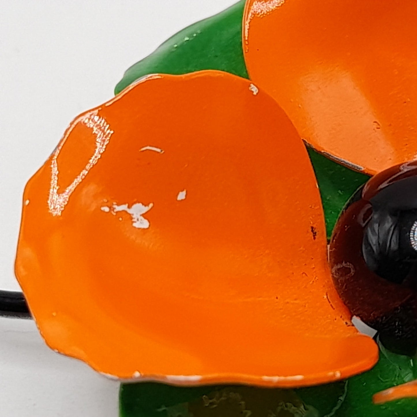 Vintage 1960s Orange Green White Enamel Flower Brooch with Stem, 4 Inches