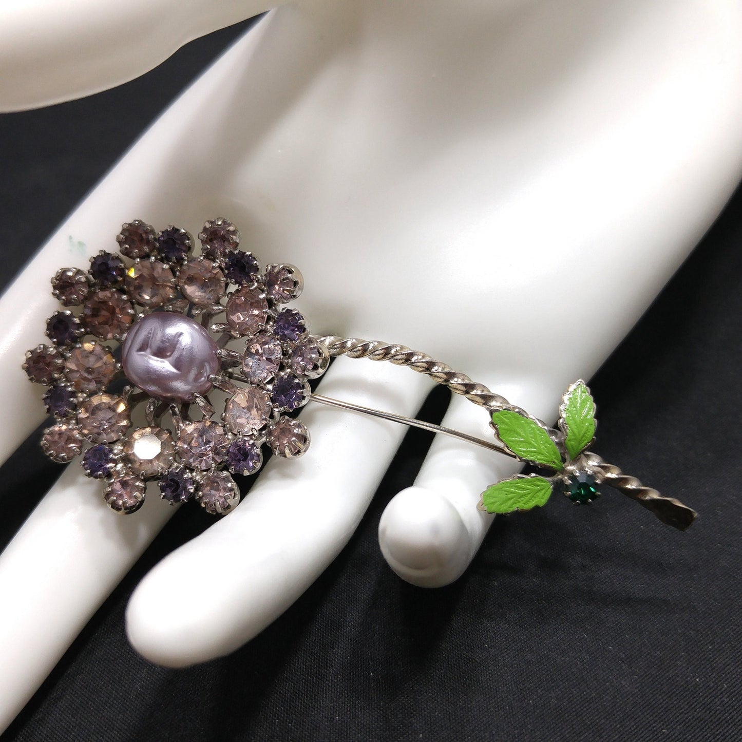 Lilac Purple Rhinestone Flower, Faux Baroque Pearl, Green Enamel Pin, 1950 Vintage Jewelry