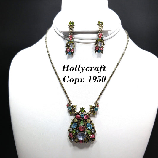 Hollycraft Pastel Rhinestone Necklace Earrings Set, Multicolored Stones, 1950 Vintage Jewelry