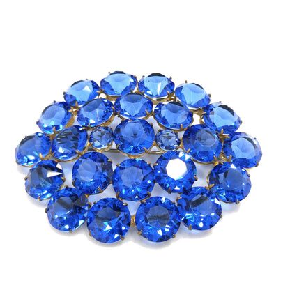 Art Deco Czech Blue Brooch, Open Back Glass Rhinestones, 1940s Vintage Jewelry