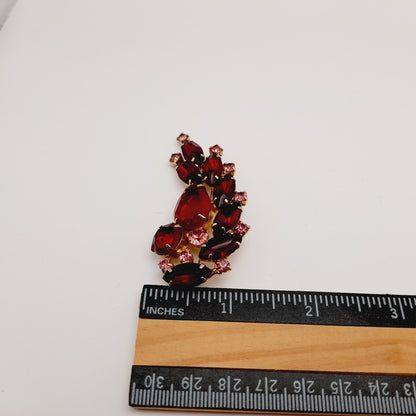 Vintage Red Pink Rhinestones Floral Spray Gold Plated Brooch Pin, 2 1/2 Inches