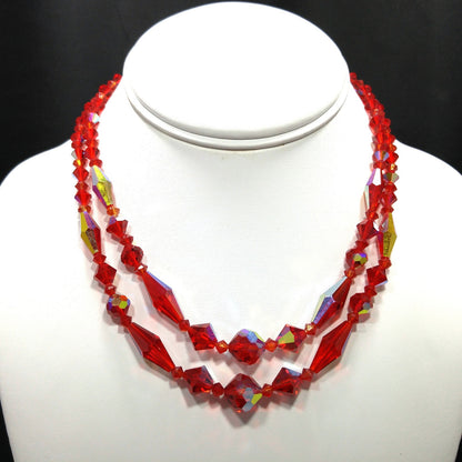 Red Aurora Borealis Crystal Beaded Necklace, Two Strands, 1950s Vintage Jewelry