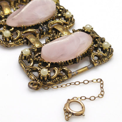 Vintage Chunky Art Glass Wide Bracelet, Pink Glass, 1940s 1950s Vintage Jewelry