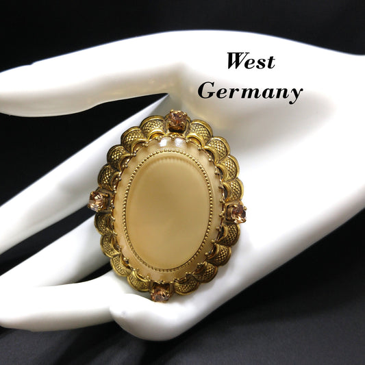 West Germany Beige Art Glass Filigree Brooch, Scalloped Edges, Champagne Rhinestones, 1950s Vintage Jewelry