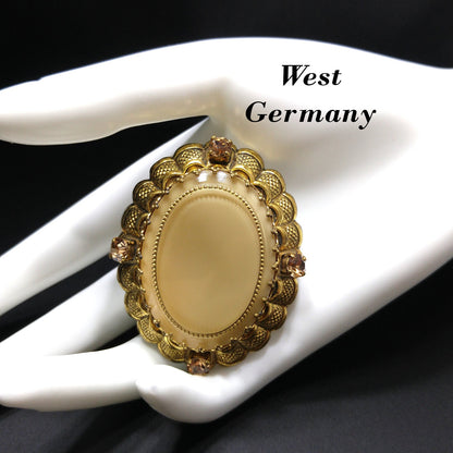 Vintage 1950s West Germany Beige Art Glass Filigree Brooch Gold Tone Rhinestones