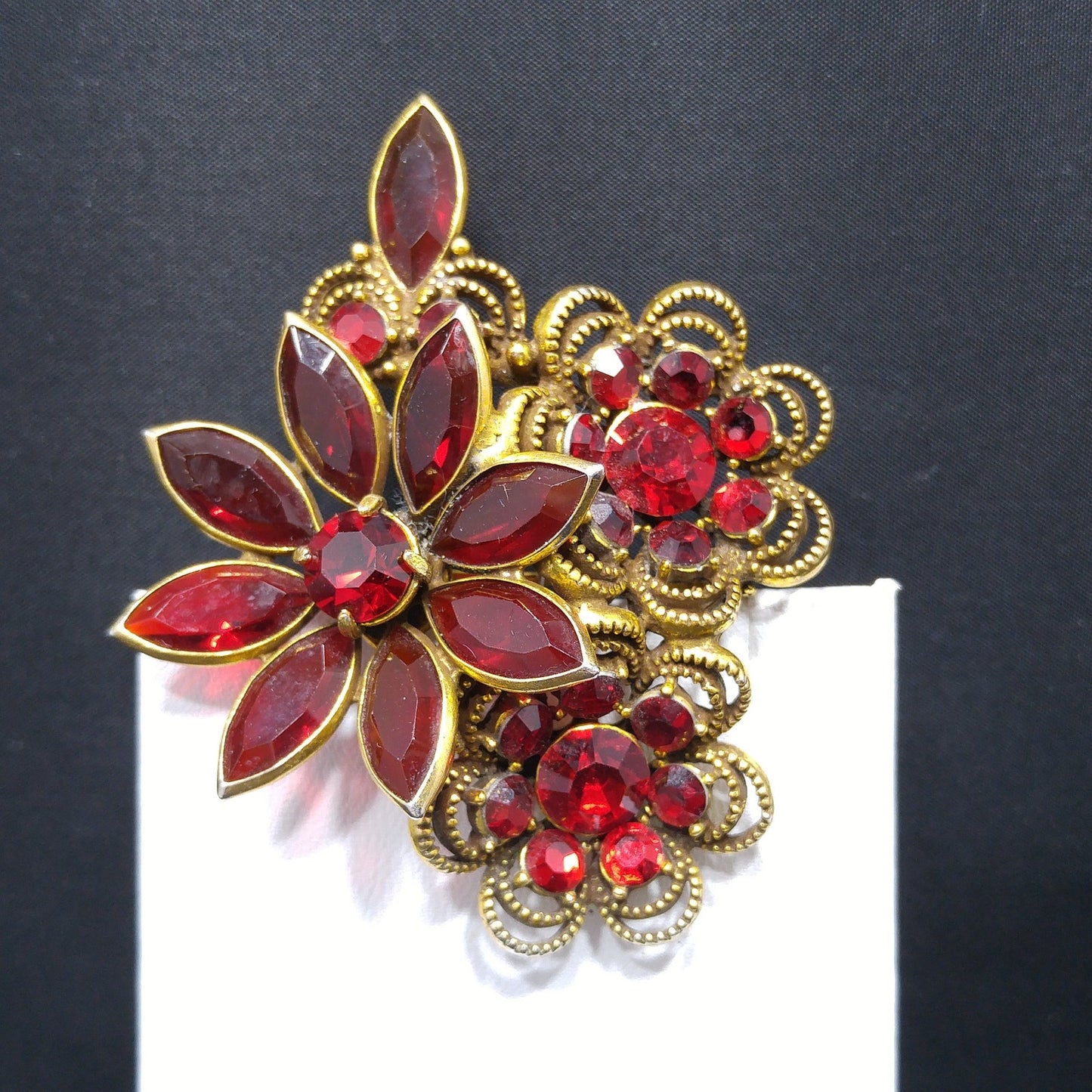 Vintage Red Crystal Rhinestone Floral Brooch, Antique Gold Plated, 1980s Vintage Jewelry