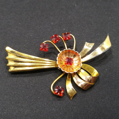 Gold Filled Bow Flower Brooch, Red Rhinestones, 1940s Vintage Jewelry