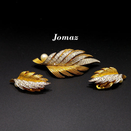 Jomaz Leaf Brooch Earrings Set 1940s 50s Gold Pave Rhinestones Pearl Vintage