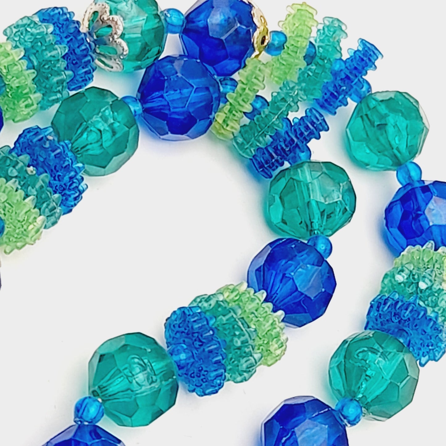 Vintage Hong Kong Early Plastic Two Strand Beaded Necklace, Green Blue Beads