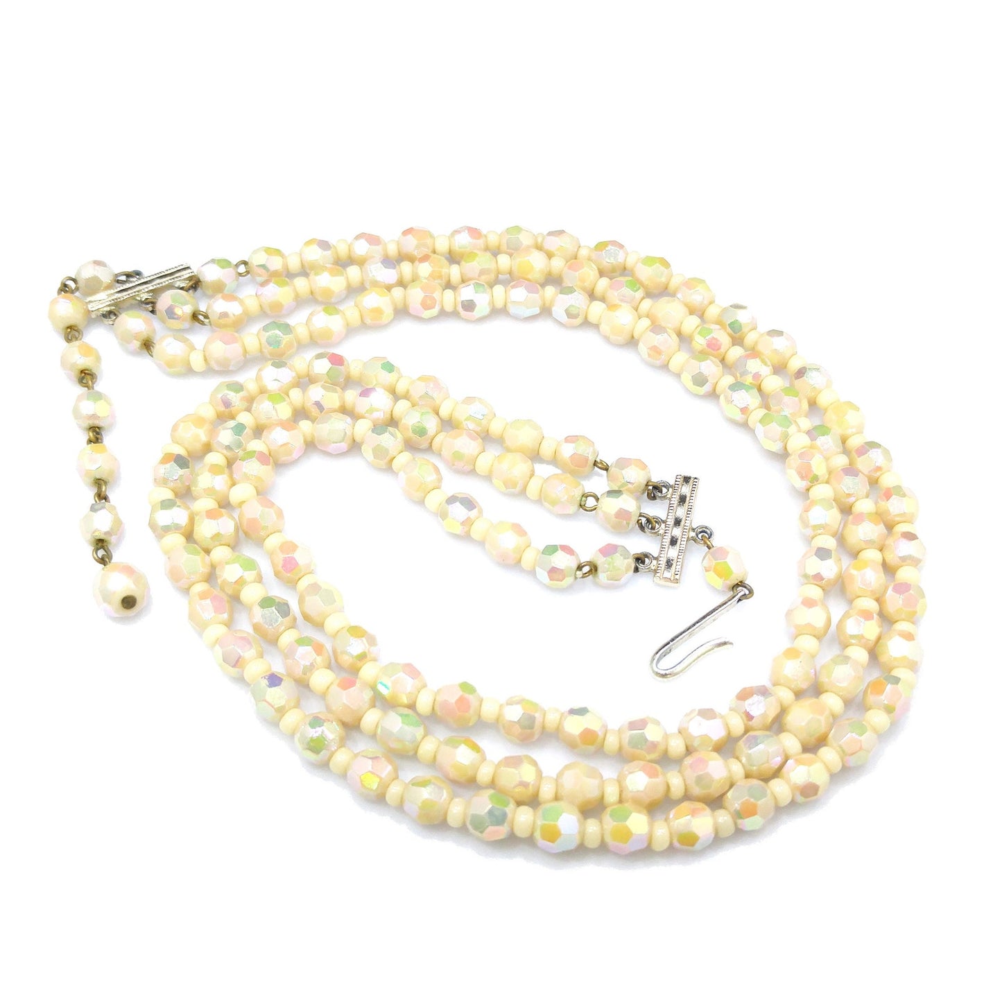 West Germany Fire Polished Beige Beaded Necklace, Three Strands, 1950s Vintage Jewelry