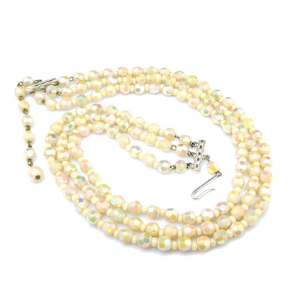 West Germany Fire Polished Beige Beaded Necklace, Three Strands, 1950s Vintage Jewelry