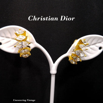 Christian Dior Half Hoop Marquise Cut Rhinestone Clip Earrings, 1970s Vintage Jewelry