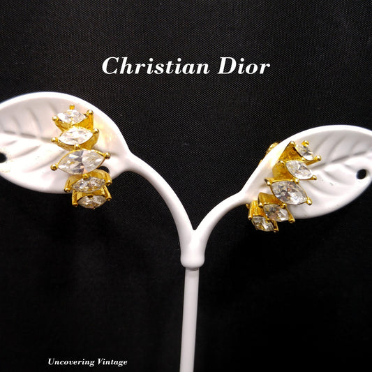 Christian Dior Half Hoop Marquise Cut Rhinestone Clip Earrings, 1970s Vintage Jewelry