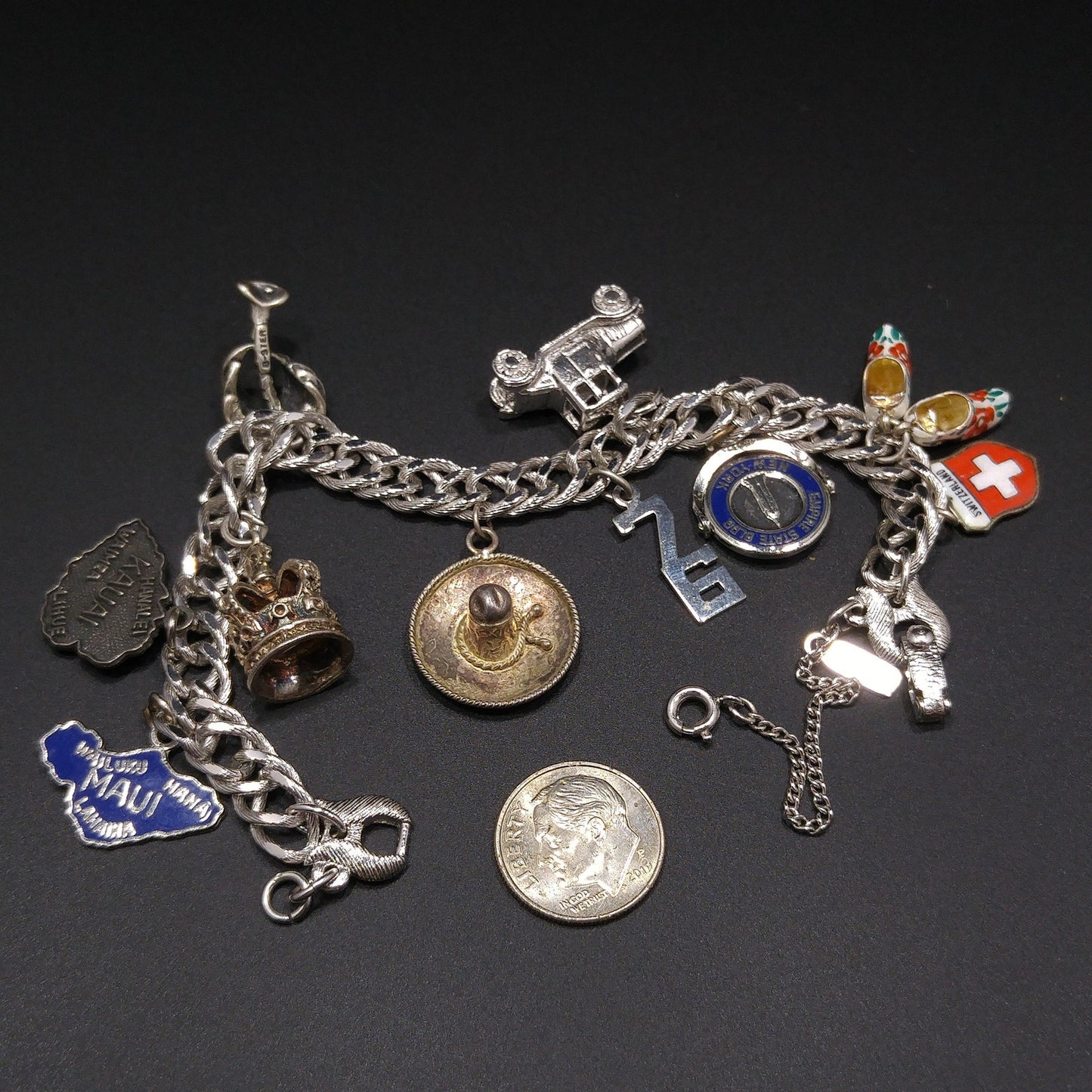 Monet Silver Tone Charm Bracelet, Sterling Silver Travel Charms, 1970s Vintage Jewelry