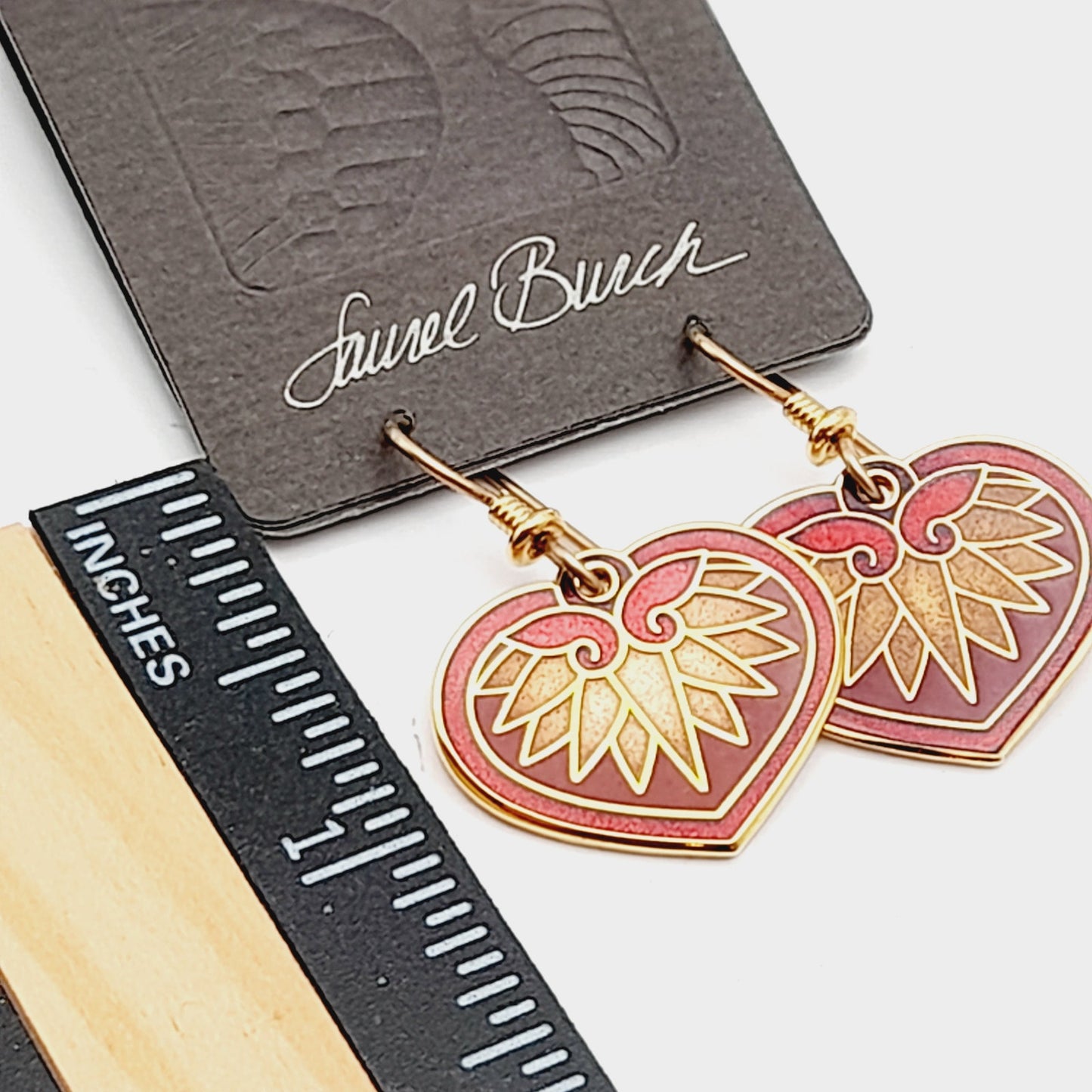 Vintage Laurel Burch Hollyhock Red Enamel Gold Plated 1988 Earrings - On Original Card