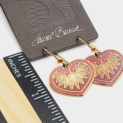 Vintage Laurel Burch Hollyhock Red Enamel Gold Plated 1988 Earrings - On Original Card