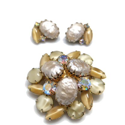 Faux Baroque Pearls AB Rhinestone Brooch Earrings, Gold Plated, 1960s Vintage Jewelry