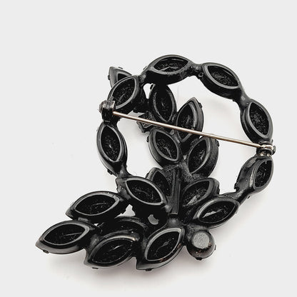 Vintage Black Rhinestone Wreath Floral 1960s Brooch, Japanned Black Enamel