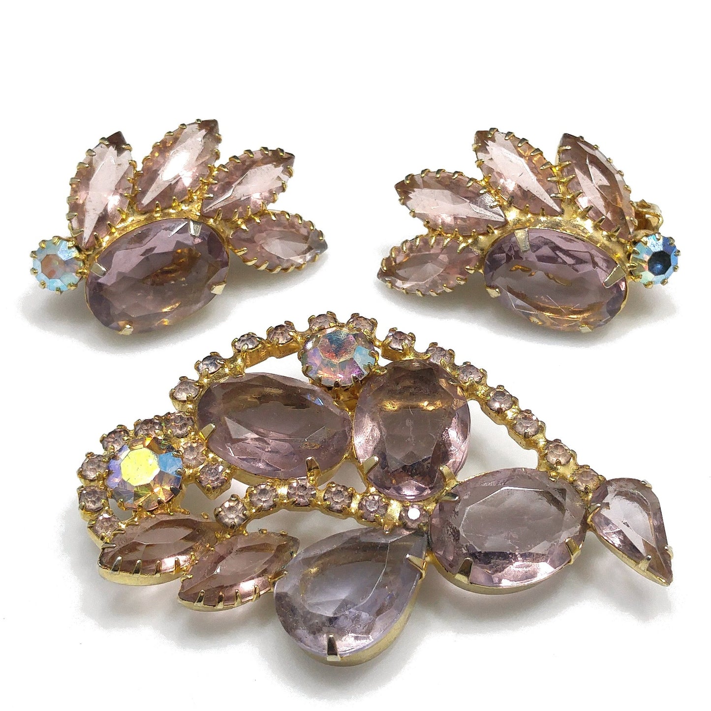 Lavender Rhinestone Brooch & Earrings, Aurora Borealis, 1960s Vintage Jewelry